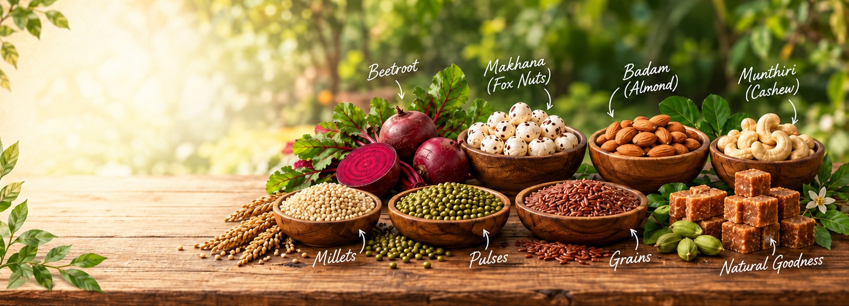 Bowls of beetroot, fox nuts, almonds, cashews, millets, pulses and grains on a wooden table