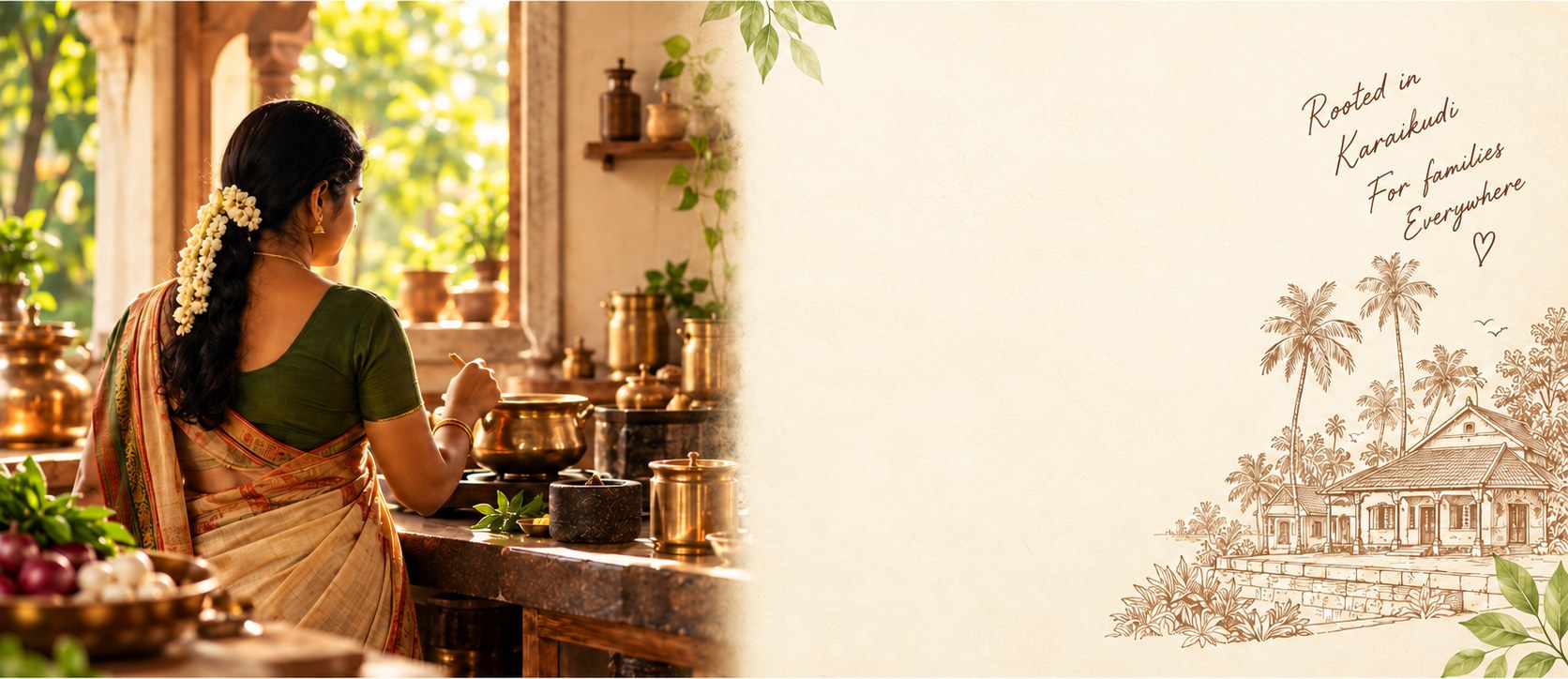 Traditional Karaikudi kitchen artwork with a woman cooking, a Chettinad home and handwritten Karaikudi roots