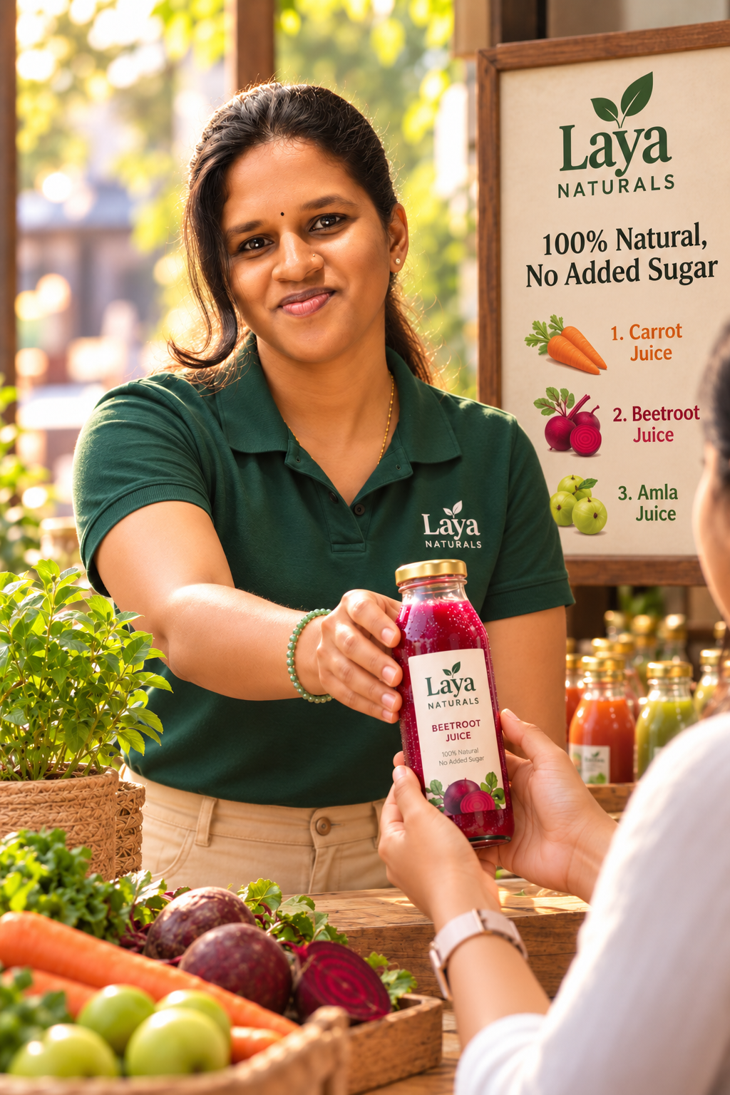 Thendral serving a bottle of Laya Naturals beetroot juice to a customer at her stall, with fresh carrots, beetroots and greens